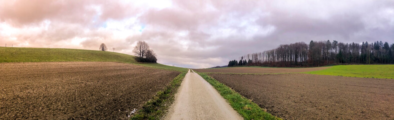 gravel path countryside agricultural fields at sunset, panorama, colorful overcast sky