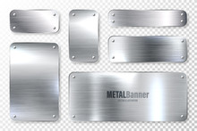 Realistic Shiny Metal Banners Set. Brushed Steel Plate. Polished Silver Metal Surface. Vector Illustration.
