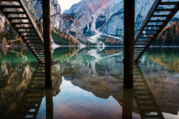 Wall Mural - Amazing view of Lago di Braies (Pragser Wildsee), most beautiful lake in South Tirol, Dolomites mountains, Italy. Popular tourist attraction. Beautiful Europe.