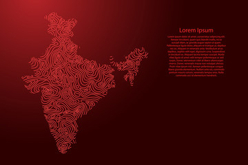 Fototapete - India map from red isolines or level line geographic topographic map grid and glowing space stars. Vector illustration.