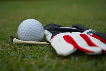 Wall Mural - Golf equipment on green grass.