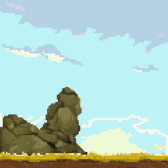 Pixel art game background. Location with mountains, planet and clouds. Landscape for game or application. 8 bit