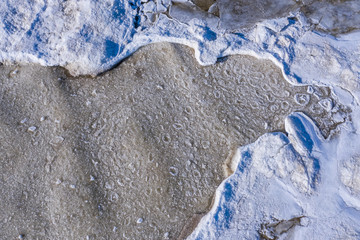 Aerial view of an ice texture floating on the waves of the Gulf of Finland