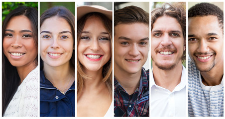 Wall Mural - Joyful positive young people portrait set. Smiling multiracial young men and women in casual multiple shot collage. Positive human emotions concept