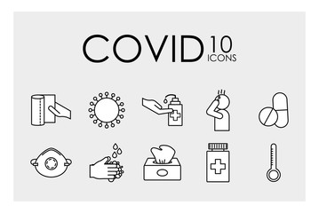 Wall Mural - 10 designs Covid 19 line style icon set vector