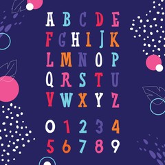 Poster - Colored cheerful english alphabet. Flat symbols and numbers characters god for design, training, school