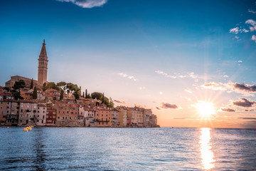 Wall Mural - Rovinj Croatia , beautiful summer day at the harbor of Rovinj, Sunset sky long exposure 