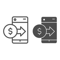 Poster - Dollar coin with arrow on smartphone line and solid icon. Online web wallet symbol, outline style pictogram on white background. Money transfer sign for mobile concept and web design. Vector graphics.