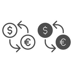 Poster - Currency exchange line and solid icon. Coins with arrows, conversion symbol, outline style pictogram on white background. Money transfer sign for mobile concept and web design. Vector graphics.