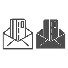 Poster - Bank envelope line and solid icon. Plastic credit card in opened mail letter symbol, outline style pictogram on white background. Money transfer sign for mobile concept or web design. Vector graphics.