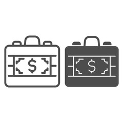 Poster - Cash briefcase line and solid icon. Suitcase with dollar banknote symbol, outline style pictogram on white background. Money transfer sign for mobile concept and web design. Vector graphics.