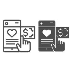 Poster - Hand pointer and smartphone line and solid icon. Phone with heart, charity donation symbol, outline style pictogram on white background. Money sign for mobile concept and web design. Vector graphics.