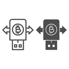 Poster - Bitcoin transportation line and solid icon. Secure key device and arrows symbol, outline style pictogram on white background. Money transfer sign for mobile concept and web design. Vector graphics.