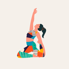 Wall Mural - Young woman wearing bright sportswear doing Yoga. Girl in colorful clothes working out. Hand drawn colored Vector illustration. Weight Loss. Health care and lifestyle concept. Calmness and relax