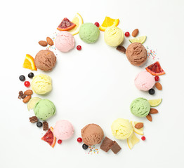 Wall Mural - Ice cream balls and ingredients on white background, space for text