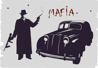 Dark silhouette of a gangster with guns near a car.