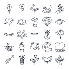 Wall Mural - planets and minimalist tattoo concept icon set, line style