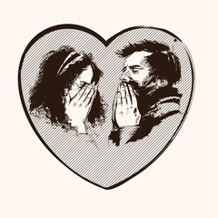 Graphic portrait of praying couple in frame