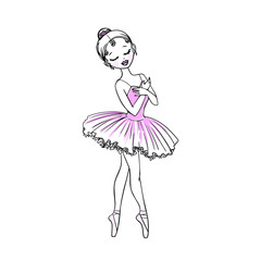 Hand drawn little beautiful  ballerina girl with flowers on her head.Dancer in pink tutu and pointe shoes.Line Stock Vector illustration isolated on white background.