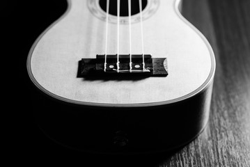 ukulele guitar on a wooden background. black and white. close-up.