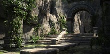 Ruins Of The Sacred Temple With Green Vegetation. Beautiful Natural Wallpaper. 3D Illustration.