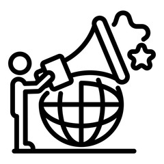 Poster - Global innovation megaphone icon. Outline global innovation megaphone vector icon for web design isolated on white background