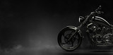 Black motorcycle on a dark background with smoke, side view (3D illustration)