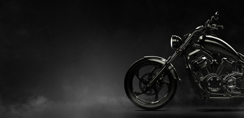 Black motorcycle on a dark background with smoke, side view (3D illustration)