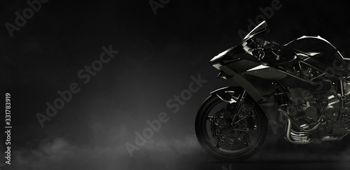 Cuadros en Lienzo Black motorcycle on a dark background with smoke, side view (3D illustration)