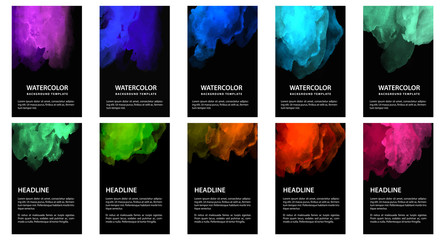 Wall Mural - Big set of bright vector colorful watercolor on vertical black background for poster or flyer