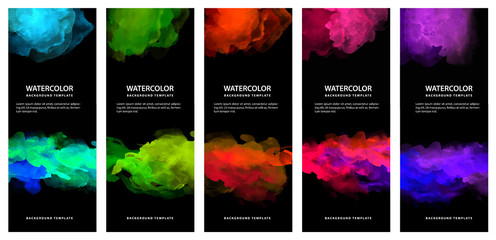 Wall Mural - Set of bright vector colorful watercolor on vertical black background for poster or flyer	