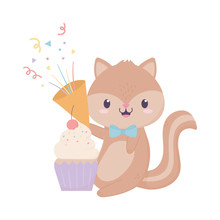 Happy Birthday Squirrel Gift Cupcake And Horn Confetti Celebration Decoration Card
