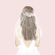 Beautiful Bride In White Dress, Loose Hair And Veil. Hand Drawn Illustration