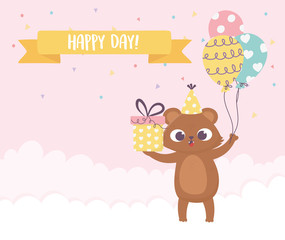 Canvas Print - happy day, little bear with gift and balloons cartoon