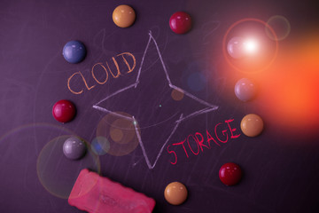 Aufkleber - Handwriting text Cloud Storage. Conceptual photo the digital data is stored and managed in logical pools Round Flat shape stones with one eraser stick to old chalk black board