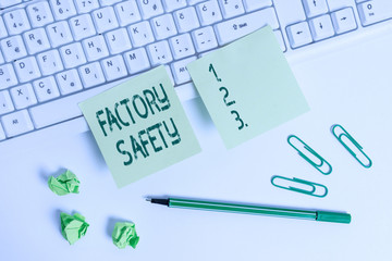 Poster - Handwriting text writing Factory Safety. Conceptual photo minimize risk of worker injury while doing production tasks Square green note paper with pencil on the white background