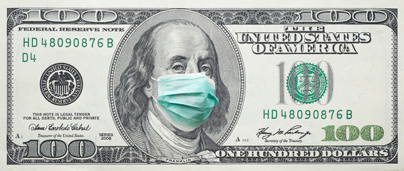 USA 100 dollar banknote with facemask. 