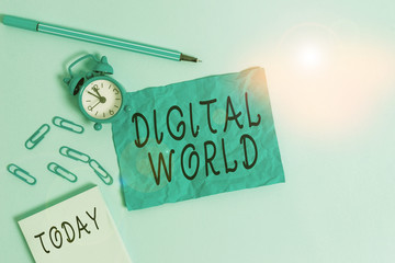 Poster - Handwriting text writing Digital World. Conceptual photo Inter connected through digital devices and social media Alarm clock clips notepad blank crushed sheet marker sky colored background