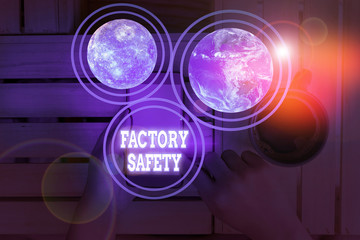 Poster - Conceptual hand writing showing Factory Safety. Concept meaning minimize risk of worker injury while doing production tasks Elements of this image furnished by NASA