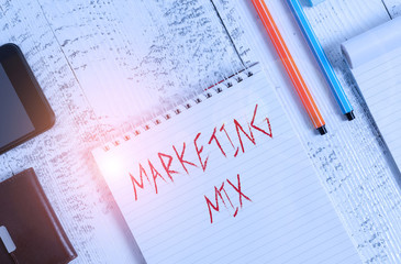 Fototapete - Text sign showing Marketing Mix. Business photo showcasing Set of actions uses to promote the brand in the market Smartphone man wallet notebook pens ballpoints note pad old wooden table