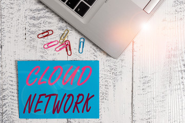 Poster - Writing note showing Cloud Network. Business concept for Access of networking resources from centralized provider Trendy metallic laptop blank sticky note colored clips on vintage table