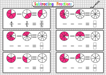 Subtracting Fractions Worksheets, math fraction worksheet for kids, Educational Game