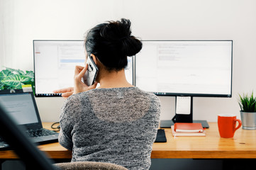 woman working at home. Office worker on quarantine. Home working to avoid virus disease. Freelancer or remote worker concept.