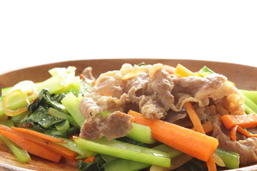 Wall Mural - Pork and green leaf vegetable stir fried with carrot