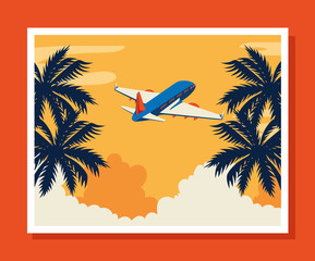 Poster - travel poster with airplane flying and tree palms vector illustration design