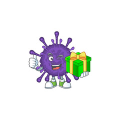 Sticker - Cheerful coronavirinae cartoon character holding a gift box