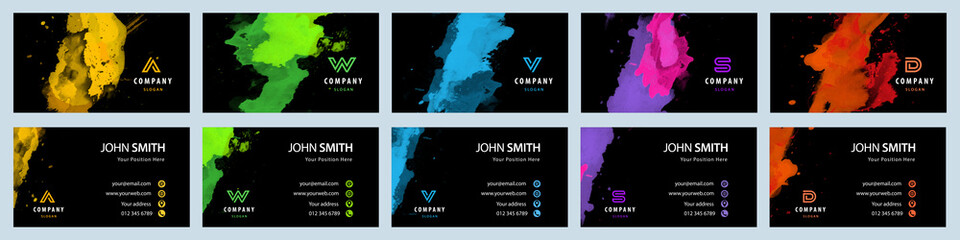 Wall Mural - Bundle set of bright colorful business card template with vector watercolor paint splash on black background