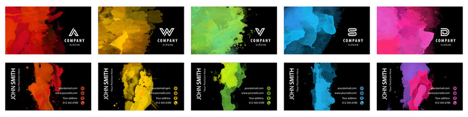 Wall Mural - Bundle set of bright colorful business card template with vector watercolor paint splash on black background