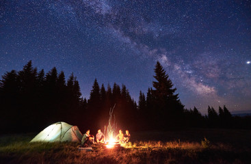 night camping near bright fire in spruce forest under starry magical sky with milky way. group of fo