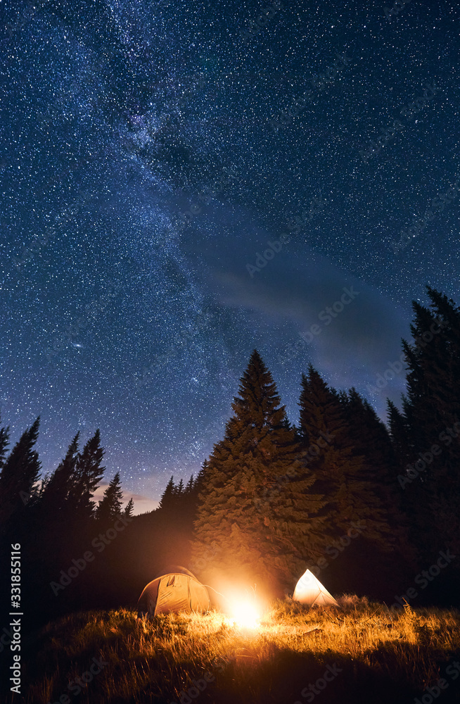 Bright night sky is strewn with stars and Milky Way. Silhouettes of huge fir trees add magic to the landscape. Evening camping in a pine forest with a burning campfire near two tourist tents - obrazy, fototapety, plakaty 